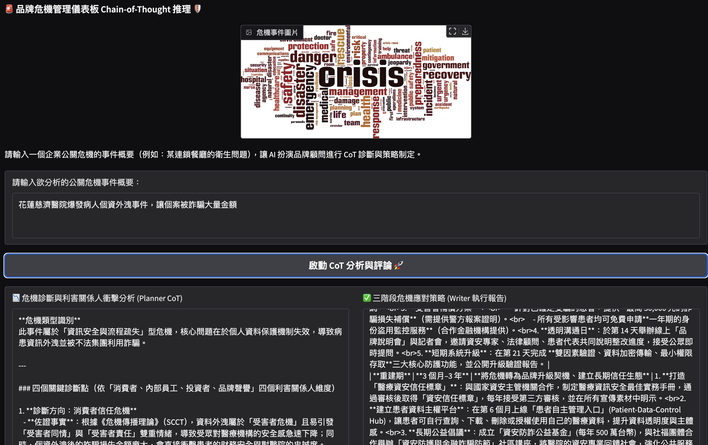 【AI Agents】打造專屬的超級代理人_年度公關災難的危機處理思考生成器Two_Stage_CoT版
